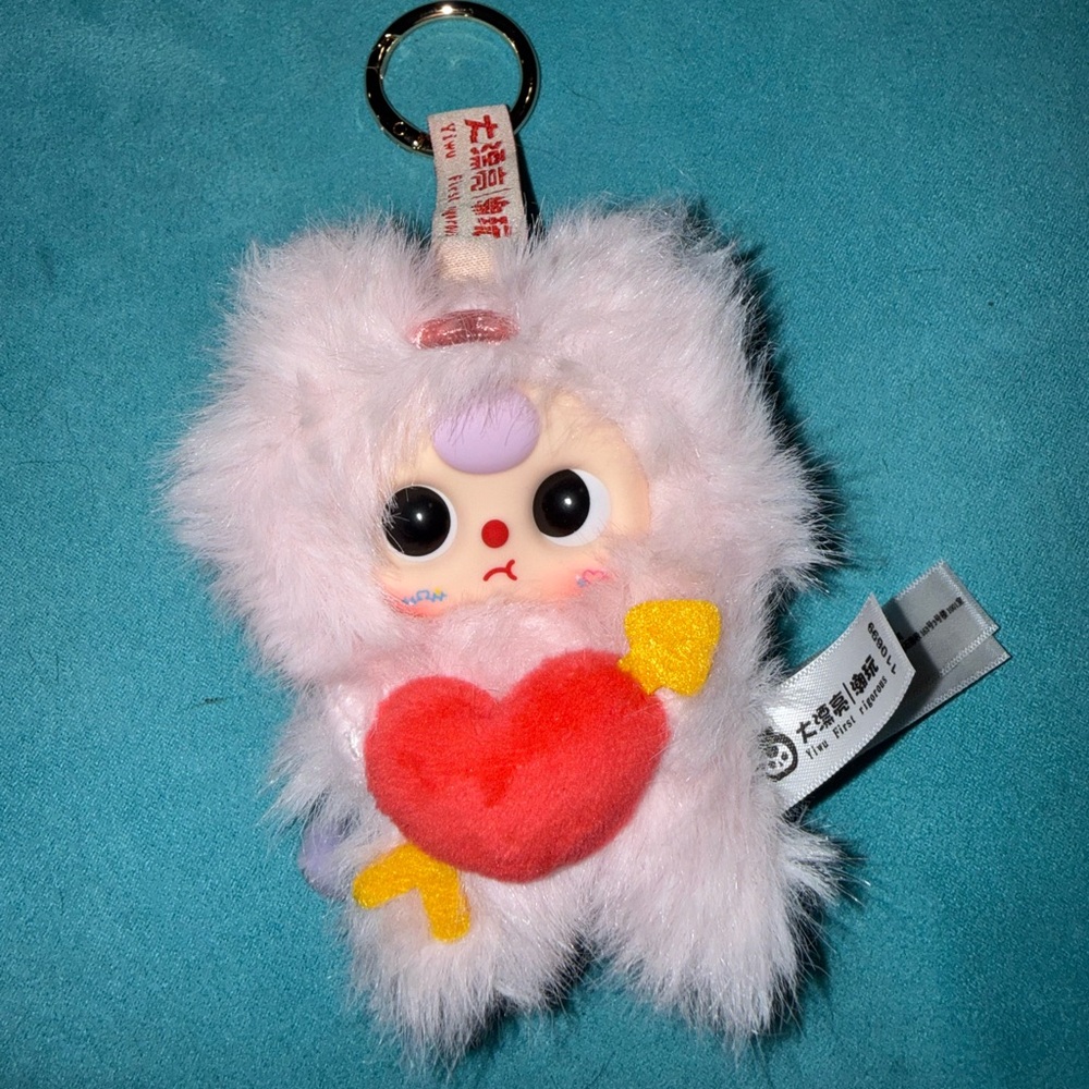 Baby Three Pink Furry Heart Plush Keychain